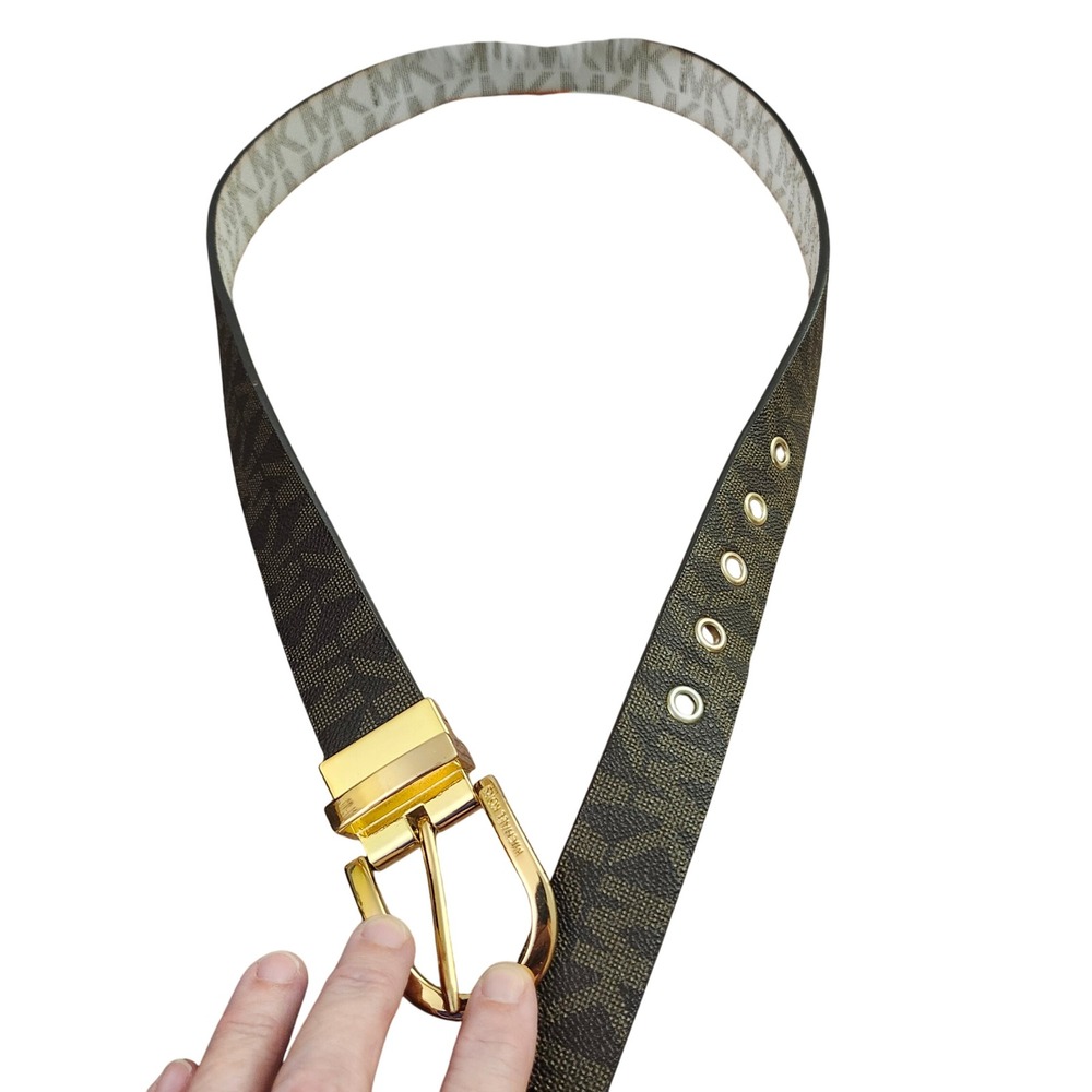 Michael Kors‎ Reversible Belt Brown/Cream MK Logo Gold Buckle Accessory 40"